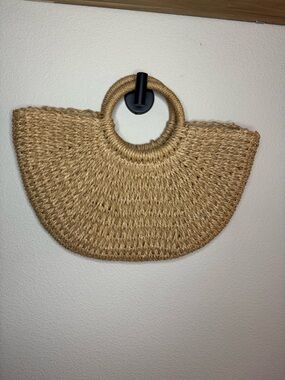 Woven Straw Tote Bag Round Handle Boho Beach Coastal Summer Purse Half-Moon